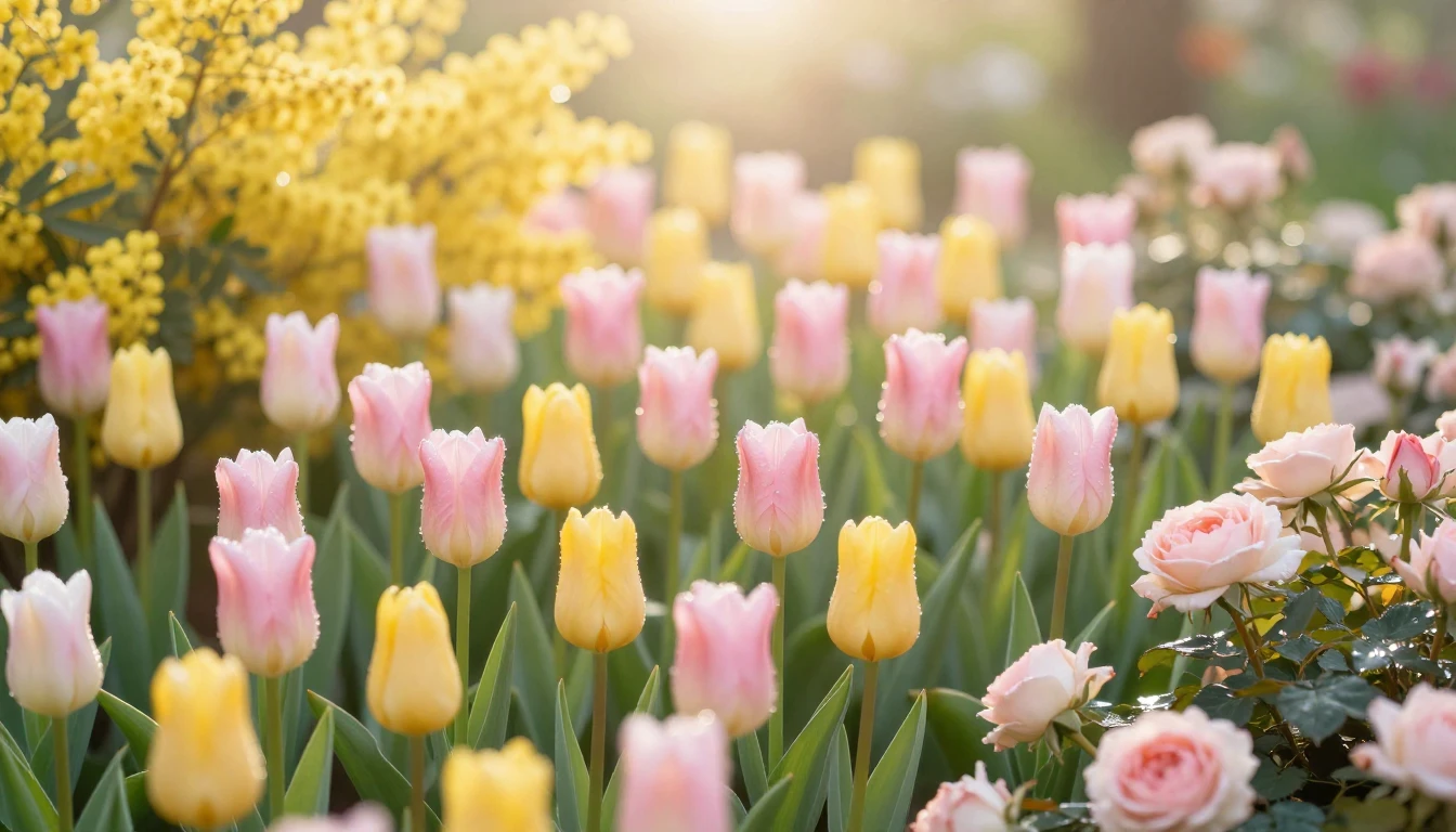 A breathtaking spring garden filled with blooming tulips, mi...