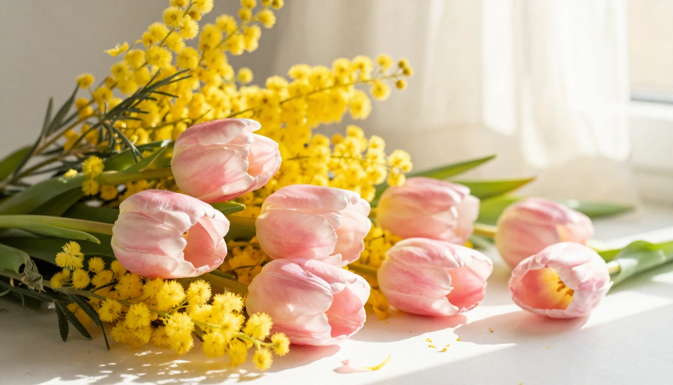 A lush and vibrant arrangement of spring flowers, featuring ...