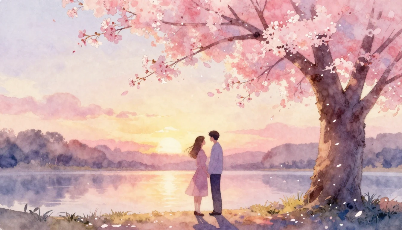 A delicate watercolor painting of two stylized silhouettes o...
