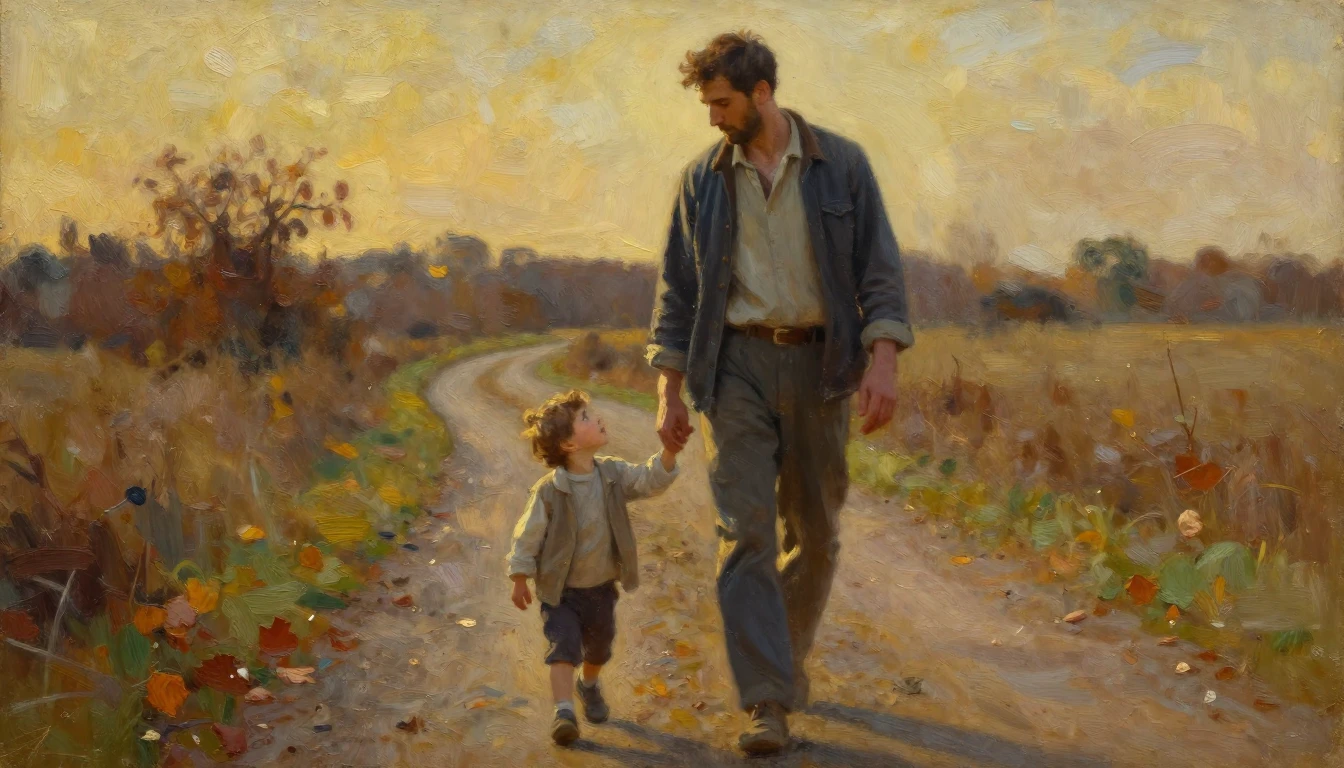 An oil painting of a father and a small child walking hand i...