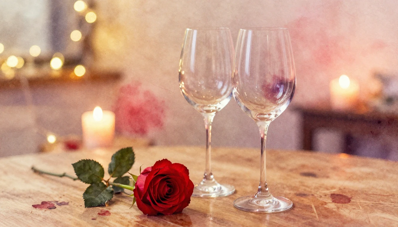 A soft watercolor painting of two elegant wine glasses stand...