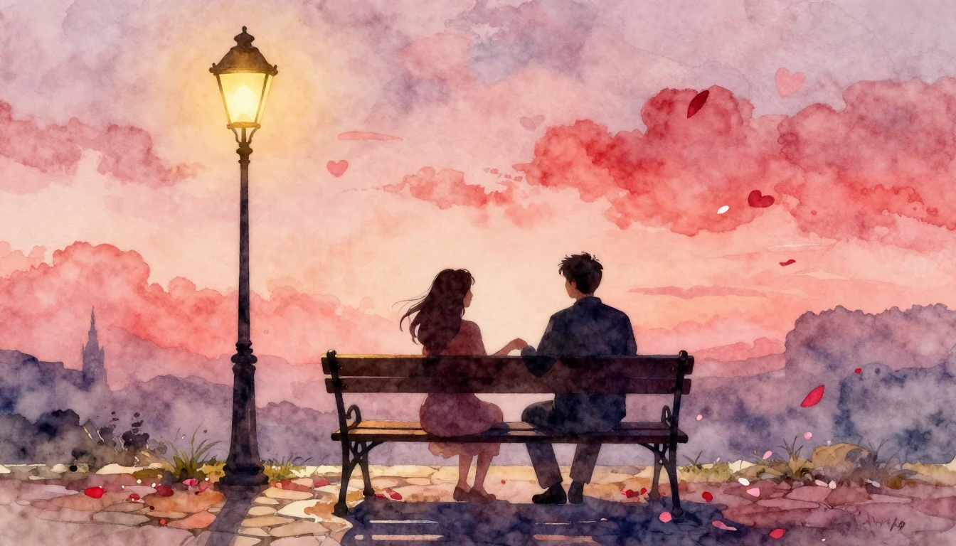 A romantic watercolor painting capturing a tender moment bet...