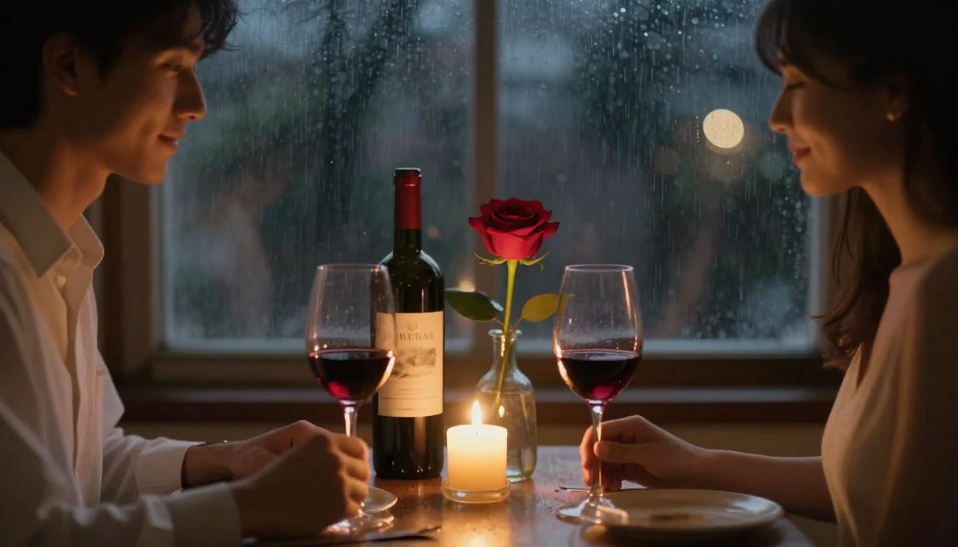 A romantic dinner setting for two by candlelight, intimate a...