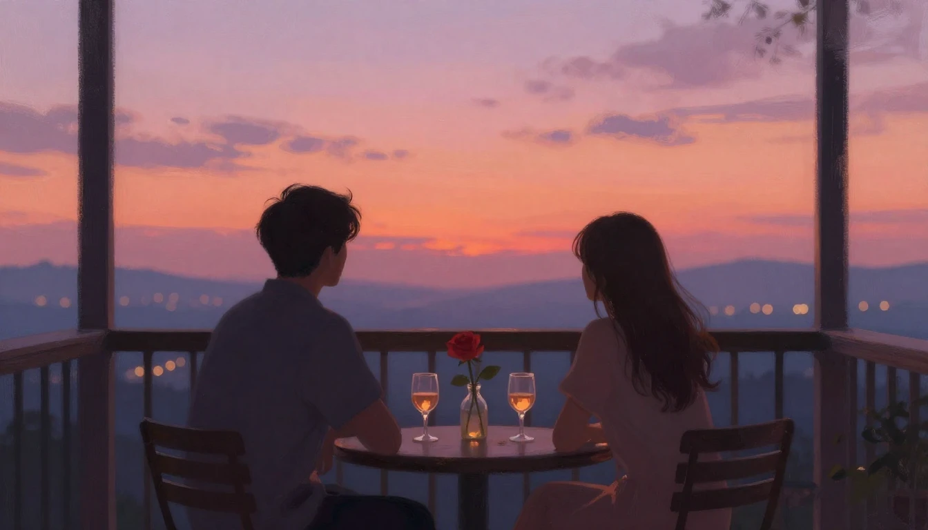 A romantic and dreamy scene of two silhouettes sitting toget...