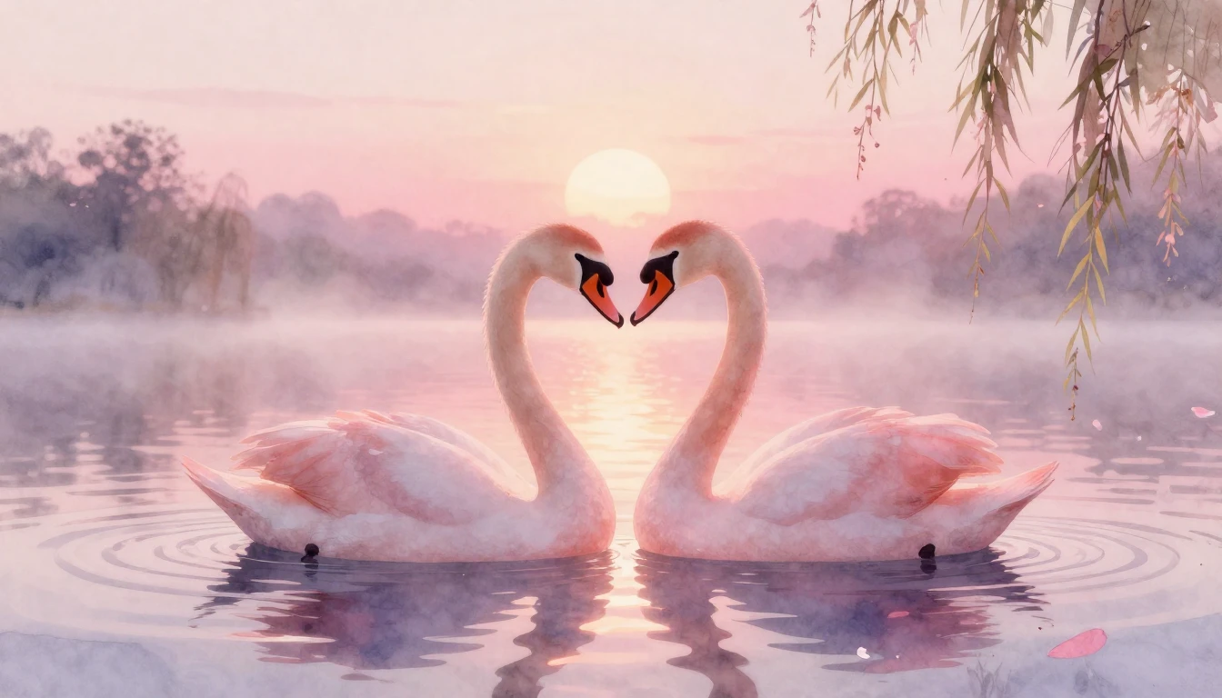 A soft and ethereal watercolor painting depicting two styliz...