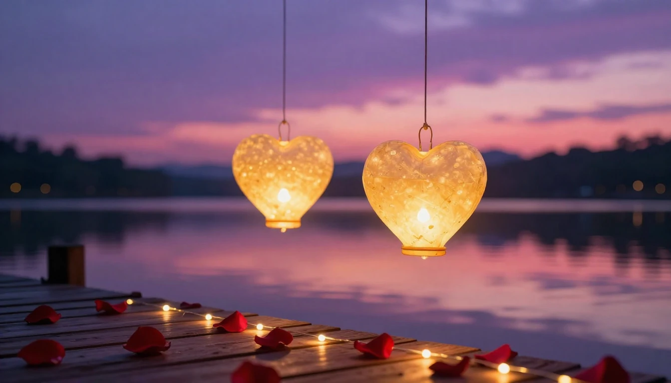 A breathtakingly romantic scene featuring two glowing heart-...