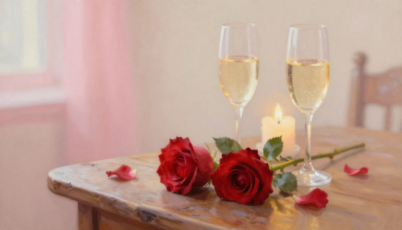 A soft and ethereal painting depicting two delicate red rose...