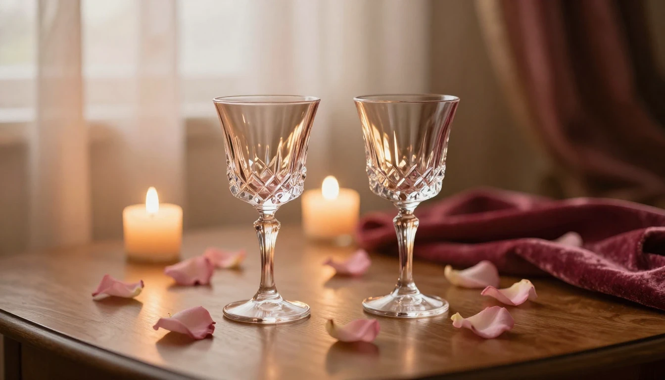 A serene and romantic scene featuring two elegant crystal gl...
