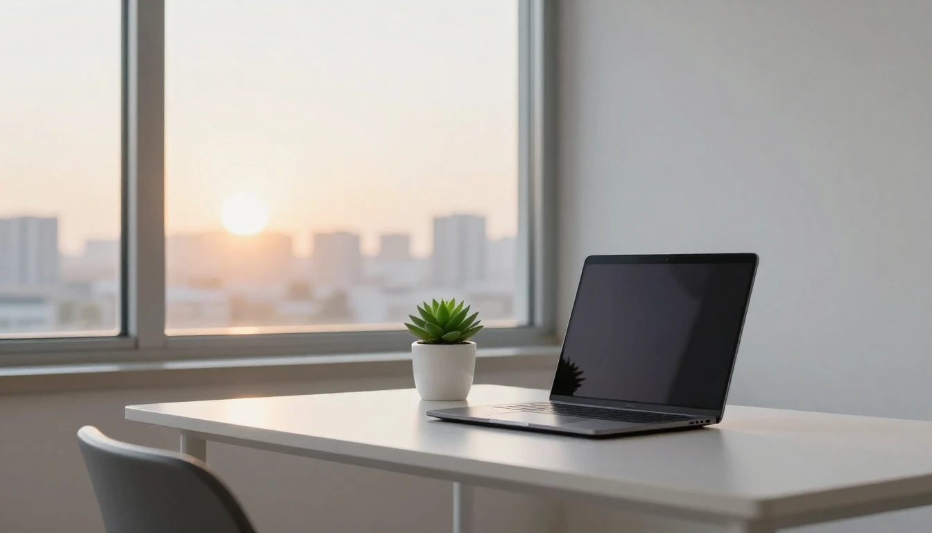 A clean and modern minimalist workspace featuring a sleek de...