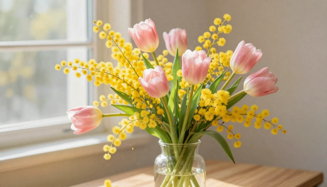 A delicate and vibrant bouquet featuring yellow mimosas and ...