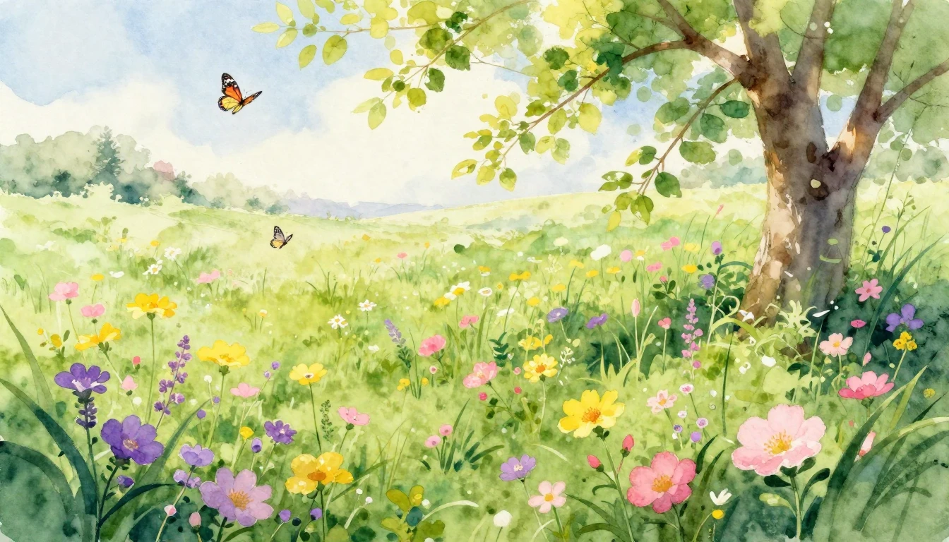 A vibrant watercolor painting of a lush green meadow filled ...