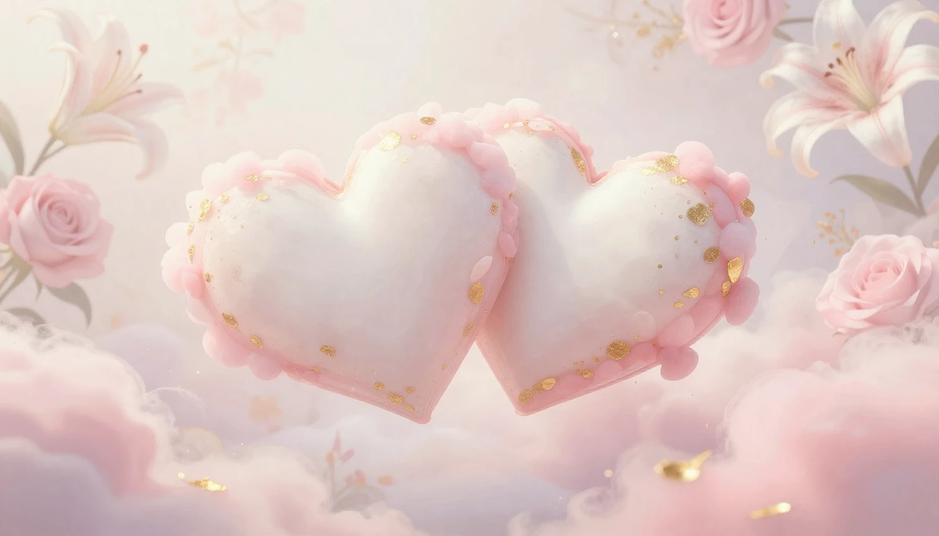 A delicate and ethereal scene featuring two stylized hearts ...