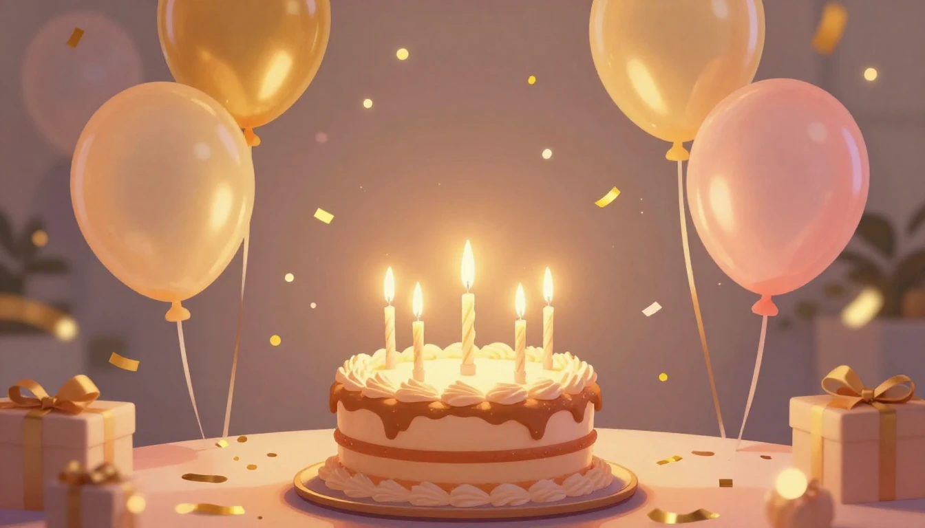 A vibrant digital art illustration of a romantic birthday ce...