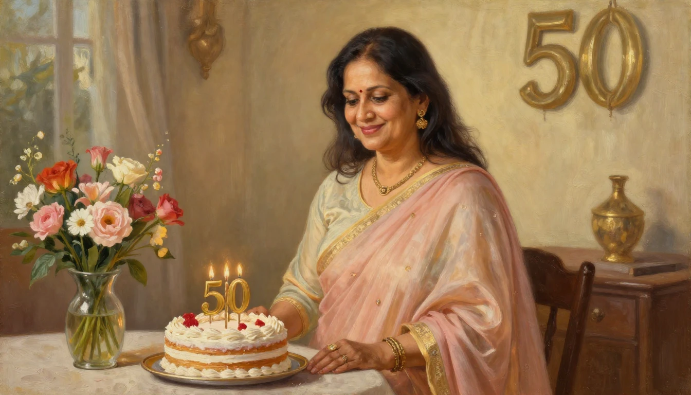 An elegant oil painting depicting a warm celebration for a 5...