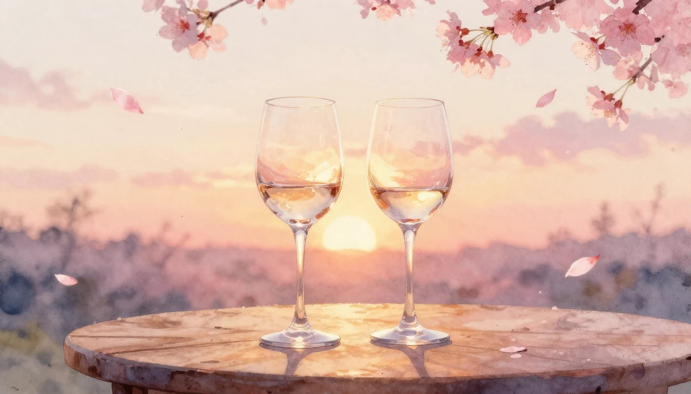 A beautiful watercolor painting of two elegant wine glasses ...