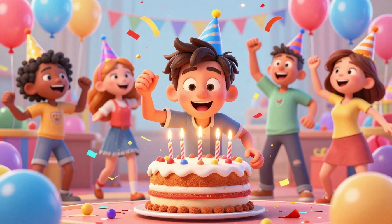 A funny and chaotic birthday party scene in a 3D animated st...