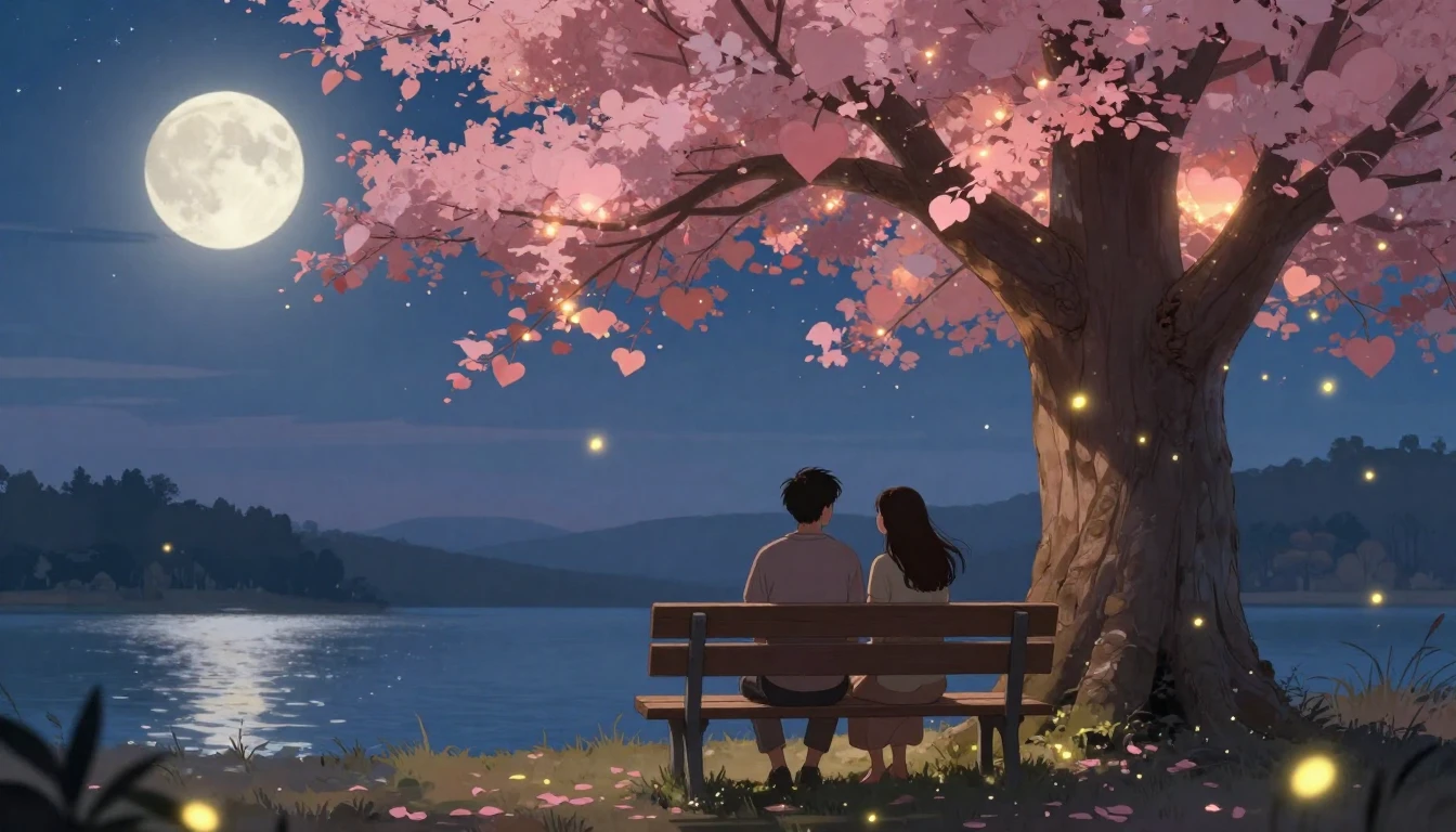A romantic and magical illustration of a couple sitting on a...