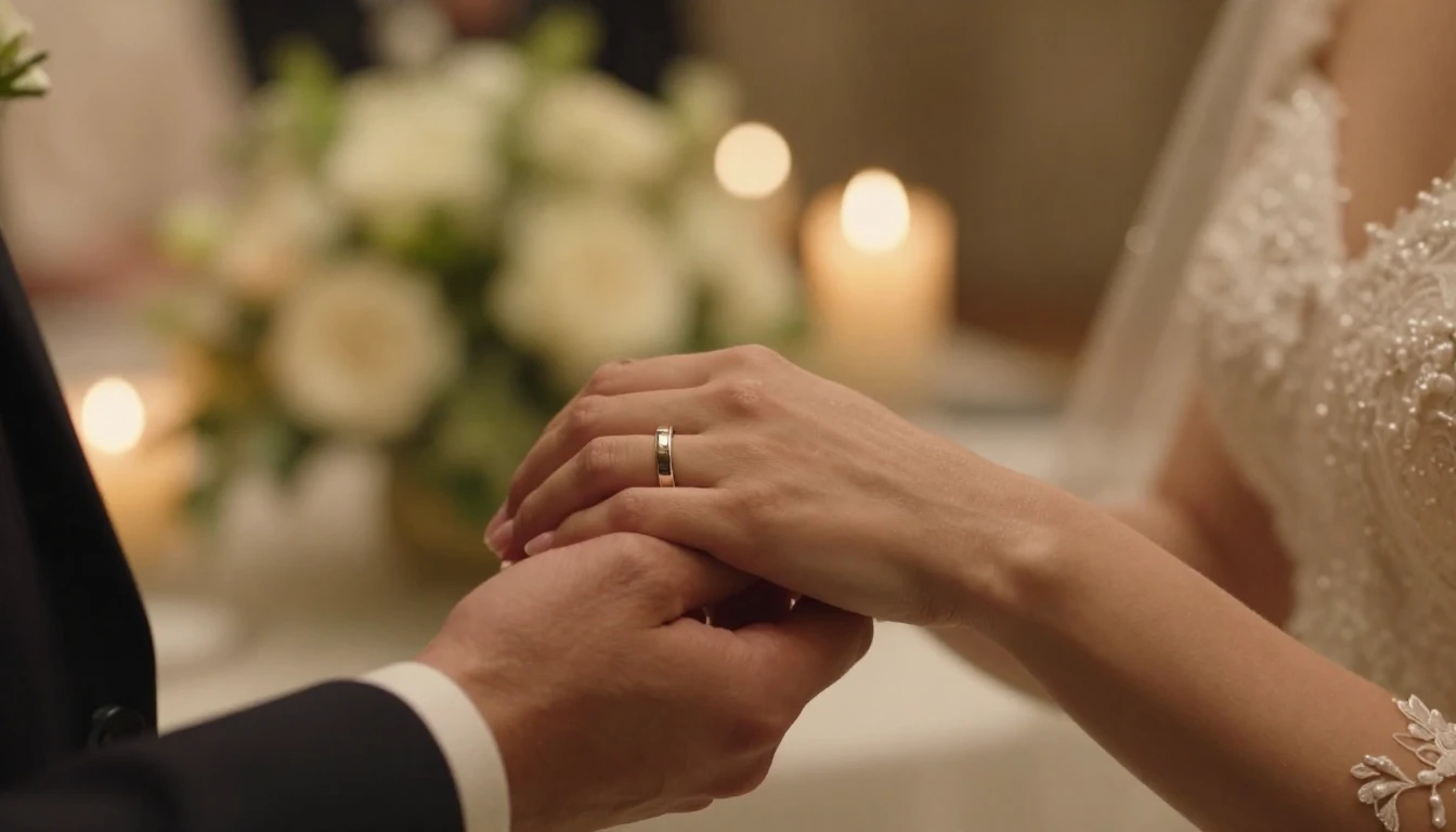 A cinematic close-up shot of a bride and groom holding hands...