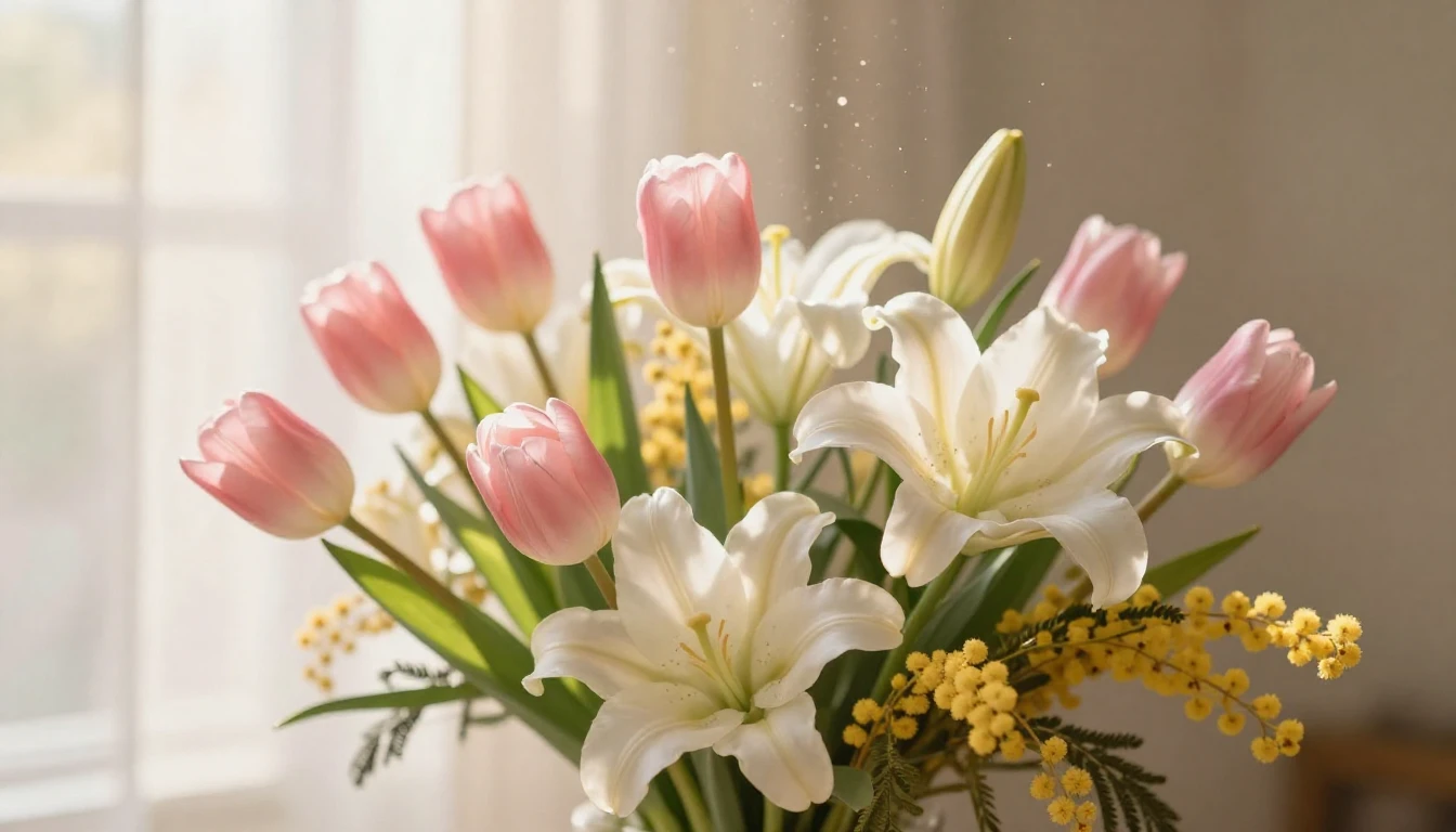 A breathtaking cinematic shot of a delicate spring bouquet f...