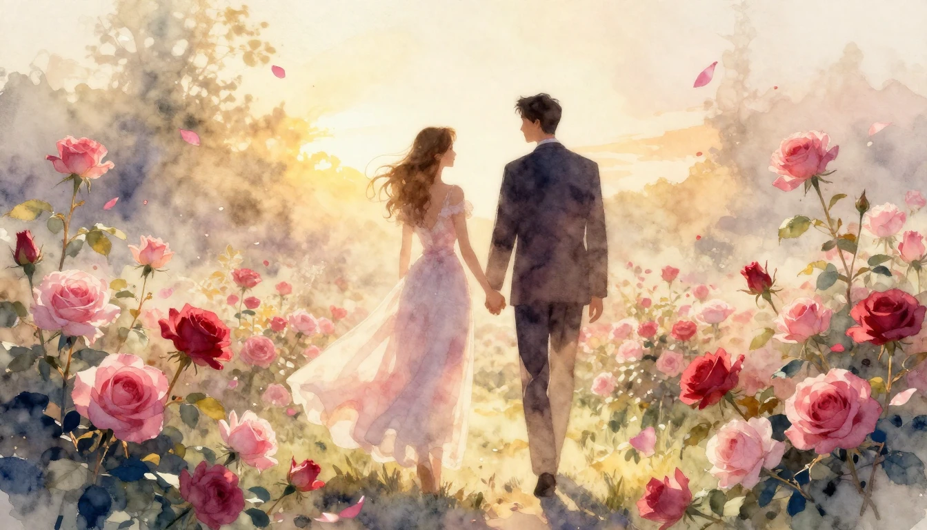 A dreamy watercolor painting of two elegant silhouettes walk...