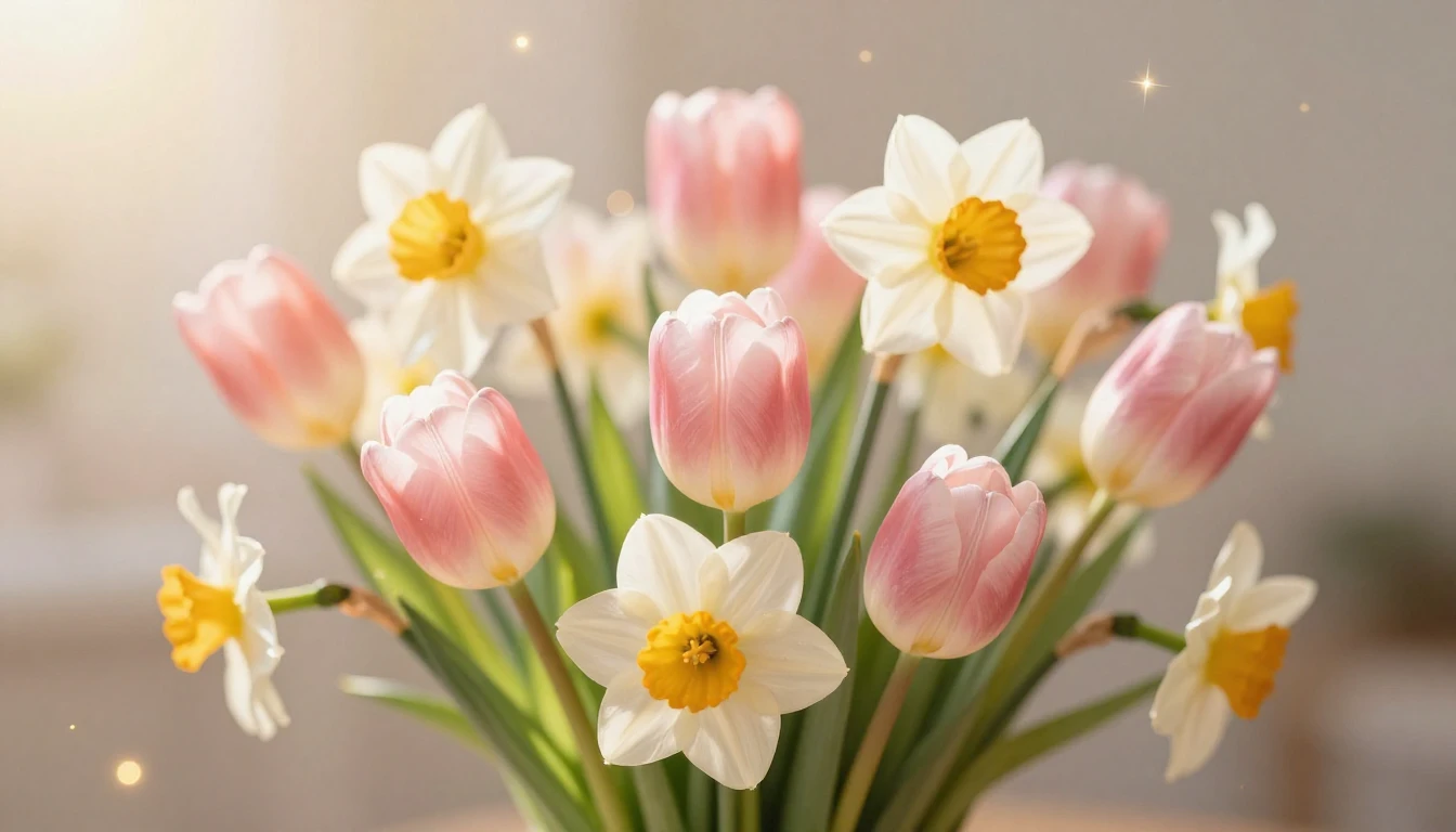A beautiful bouquet of spring flowers like tulips and daffod...