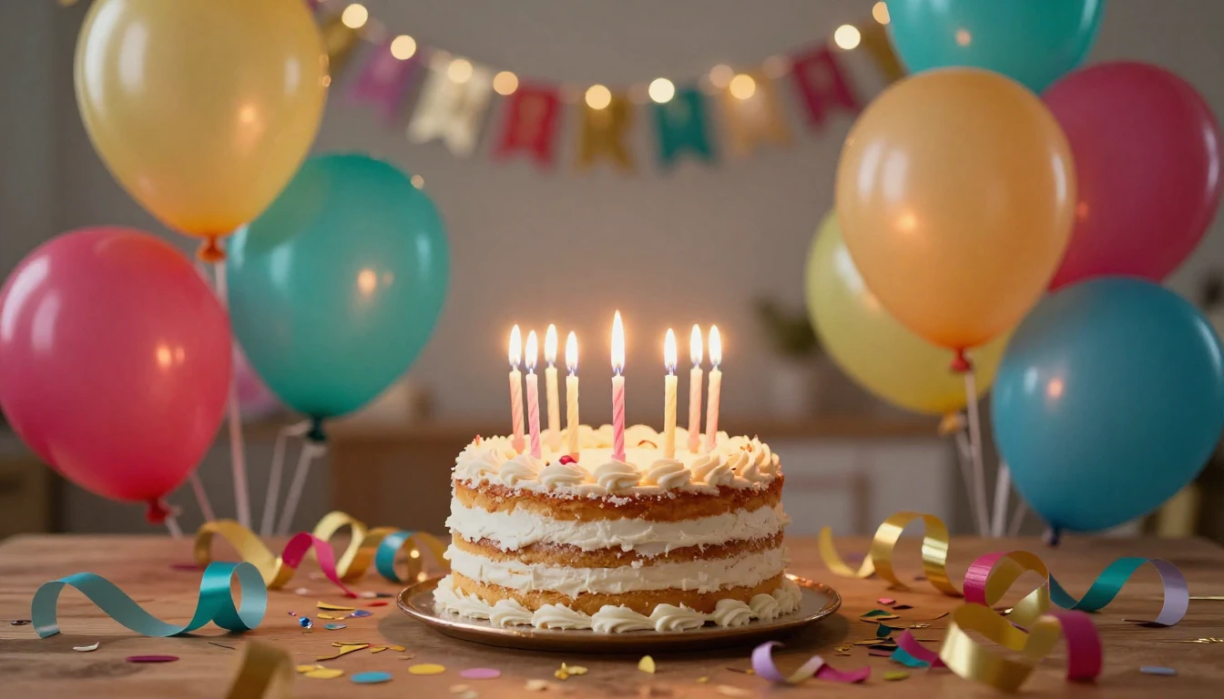 A festive and colorful scene of a birthday celebration. The ...