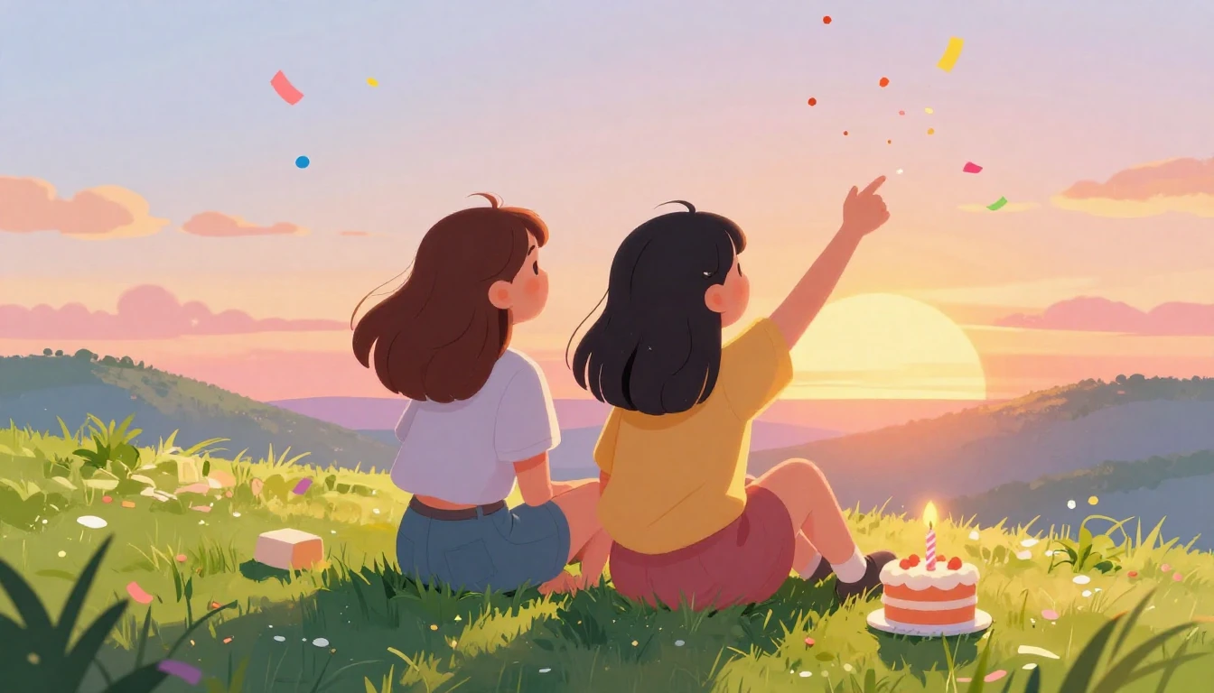 A vibrant and cheerful illustration of two best friends sitt...