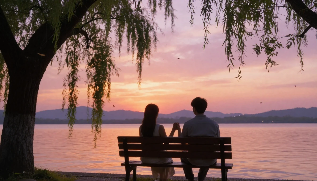 A romantic and dreamy scene of a couple sitting on a wooden ...