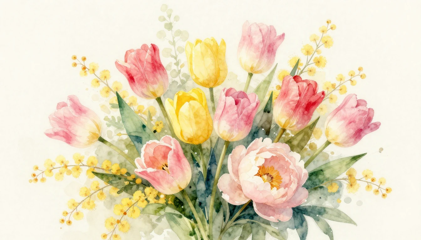 A beautiful watercolor painting of a lush bouquet of spring ...