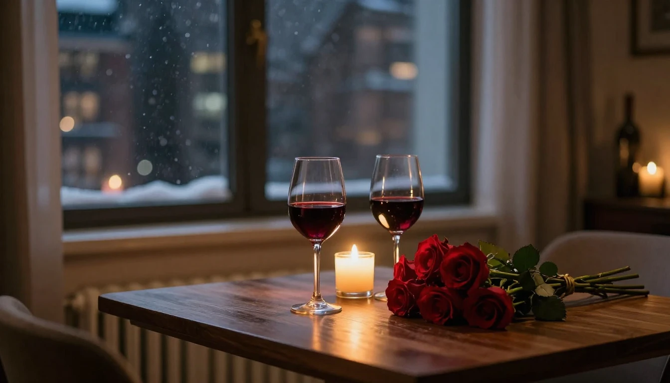 A romantic and intimate scene inside a cozy apartment at nig...