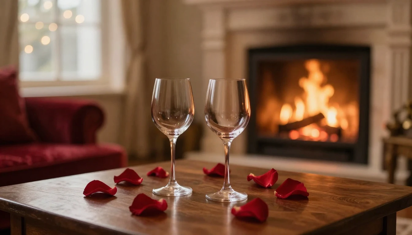 A serene and romantic scene featuring two elegant glasses on...