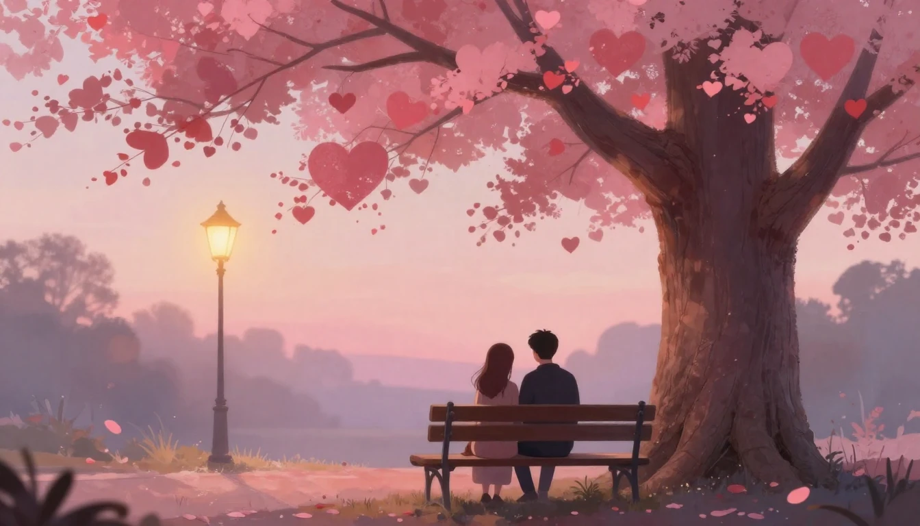 A romantic and soft composition featuring two silhouettes si...