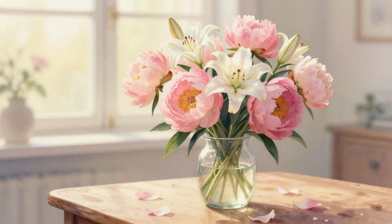 A delicate watercolor painting of a blooming bouquet of pink...