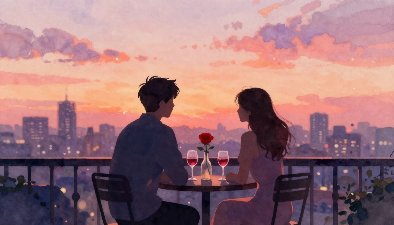 A romantic and intimate scene painted in soft watercolor. Tw...