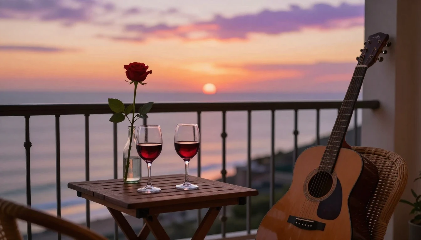 A romantic and cozy scene on a balcony overlooking the ocean...