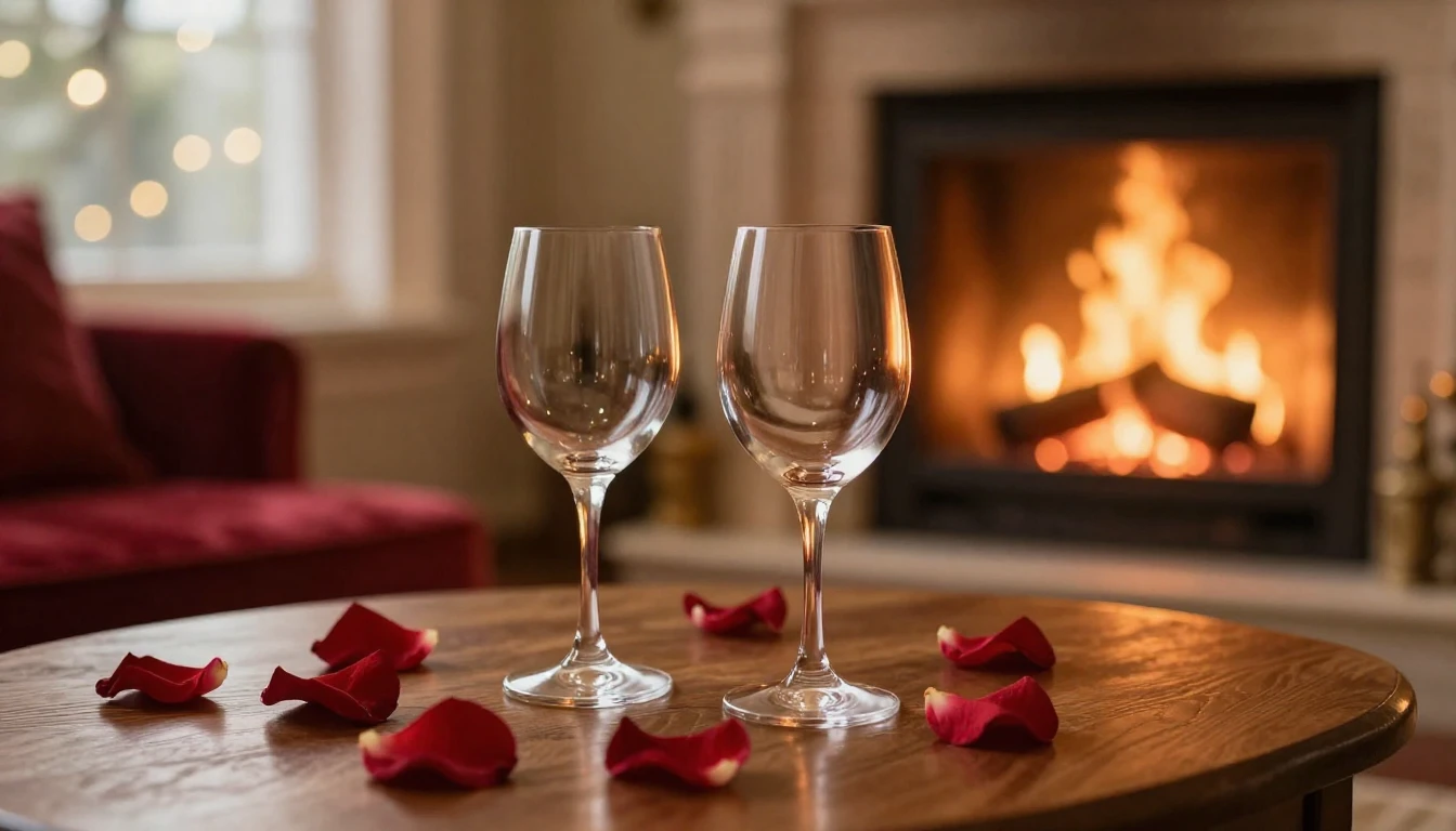 A serene and romantic scene featuring two elegant glasses on...