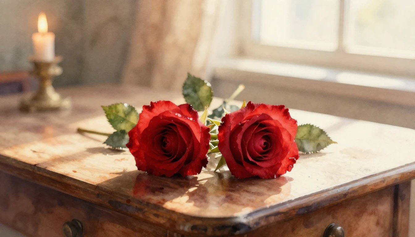 A delicate watercolor painting of two intertwined red roses ...