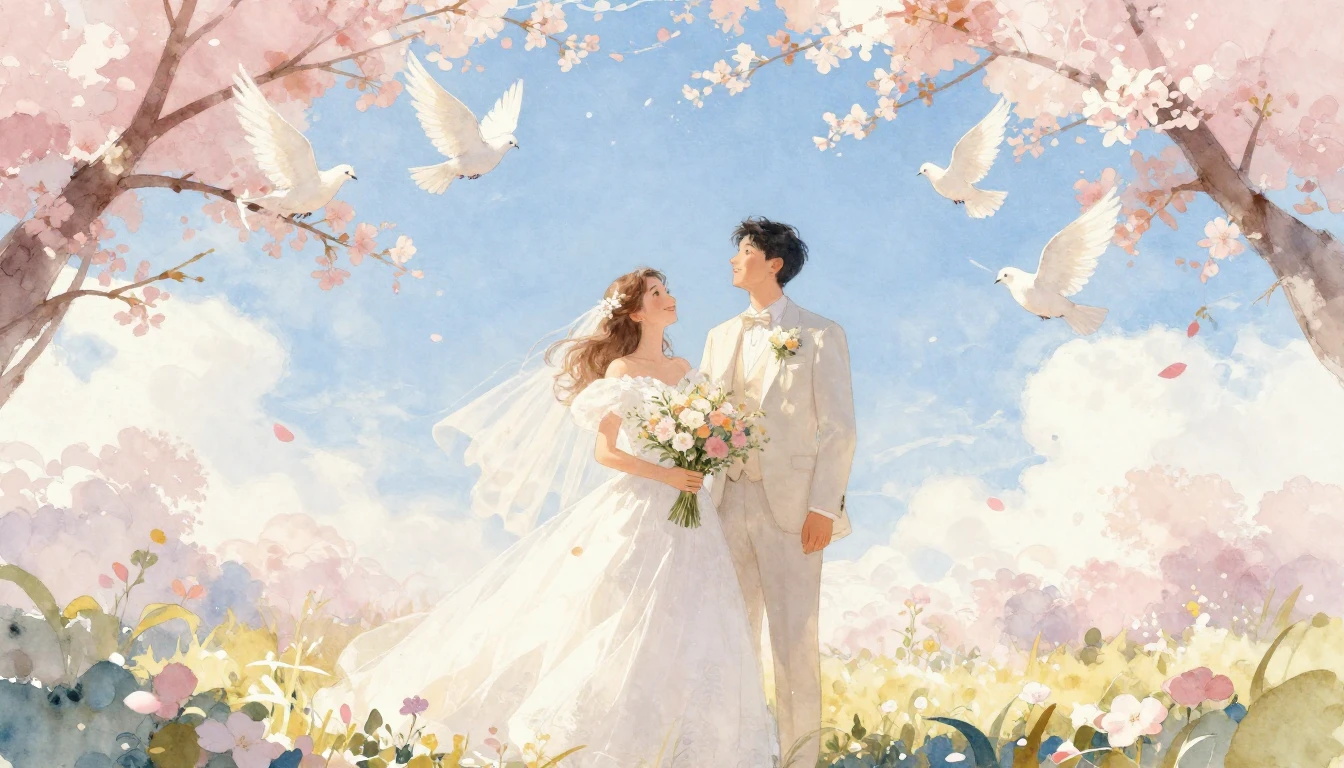 A soft, ethereal watercolor painting depicting a joyous wedd...