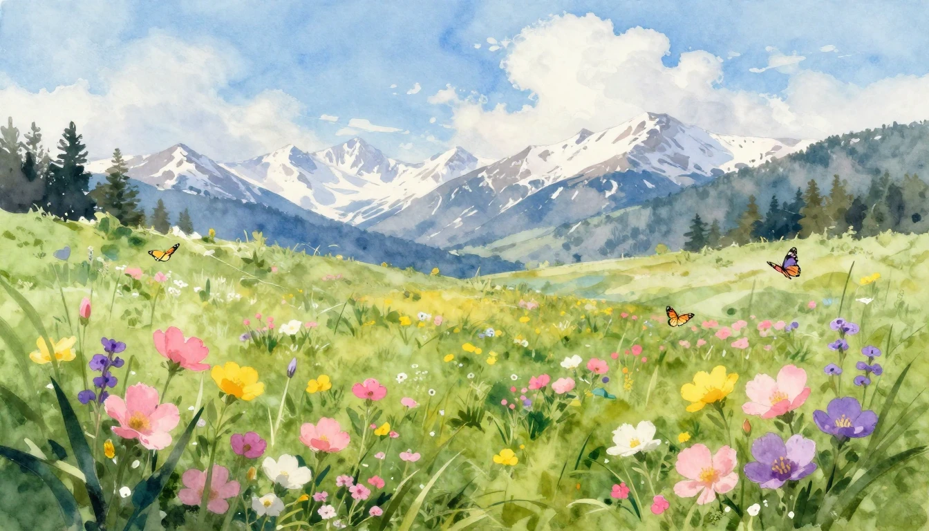 A vibrant watercolor painting of a lush green meadow filled ...