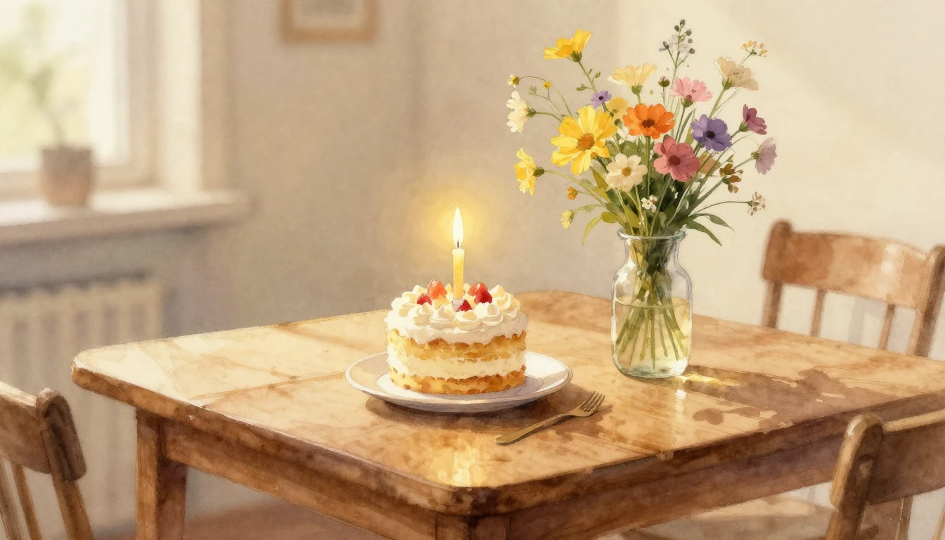 A beautiful watercolor painting of a cozy wooden table bathe...