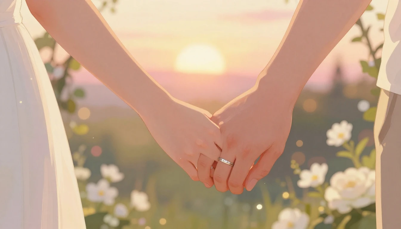 A soft and romantic illustration focusing on two hands gentl...