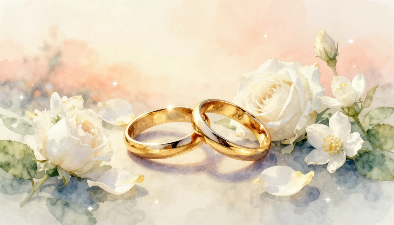 A dreamy watercolor painting of two intertwining golden ring...