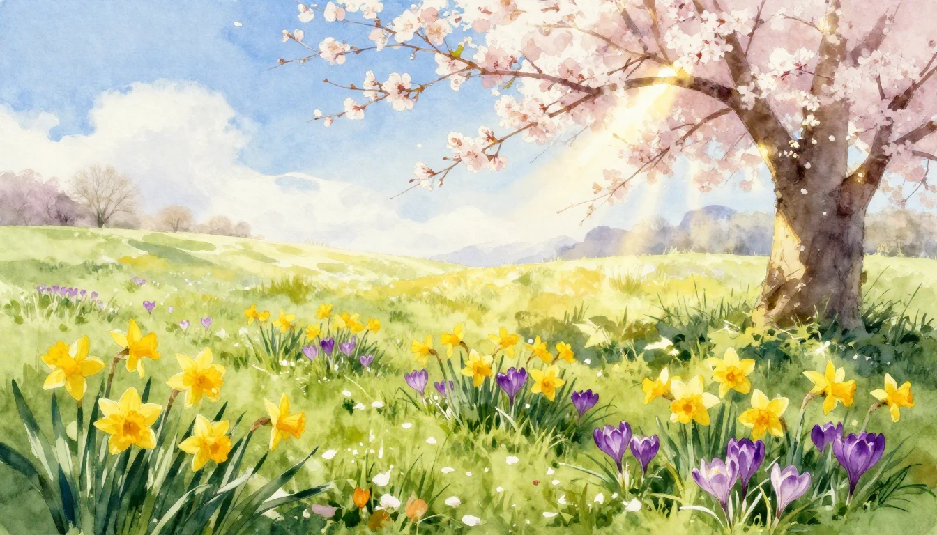 A vibrant watercolor painting of a sun-drenched meadow in fu...