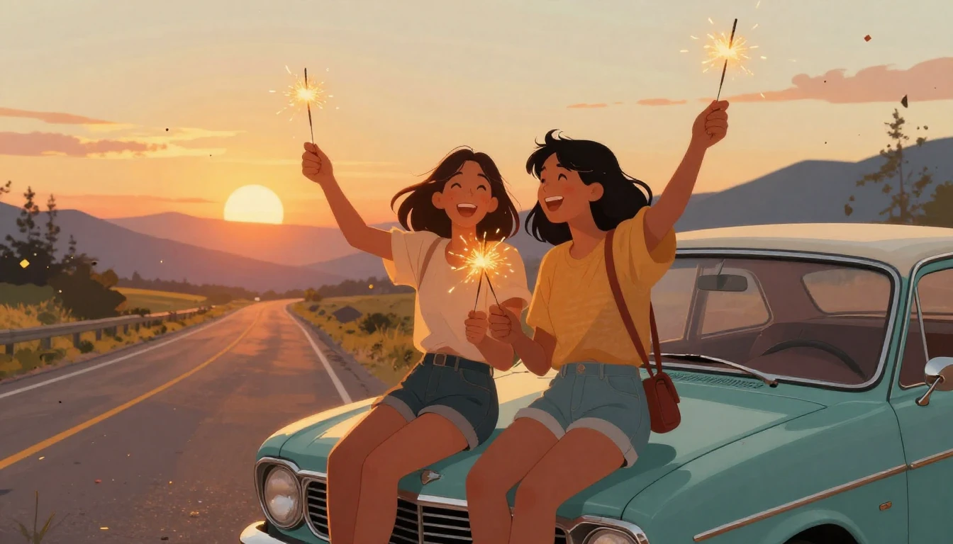 A nostalgic and warm illustration of two best friends sittin...