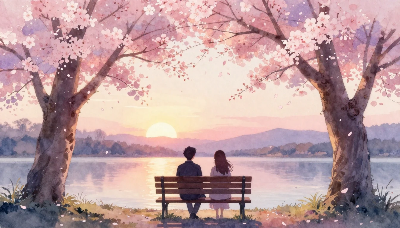 A beautiful watercolor painting of two silhouettes sitting o...