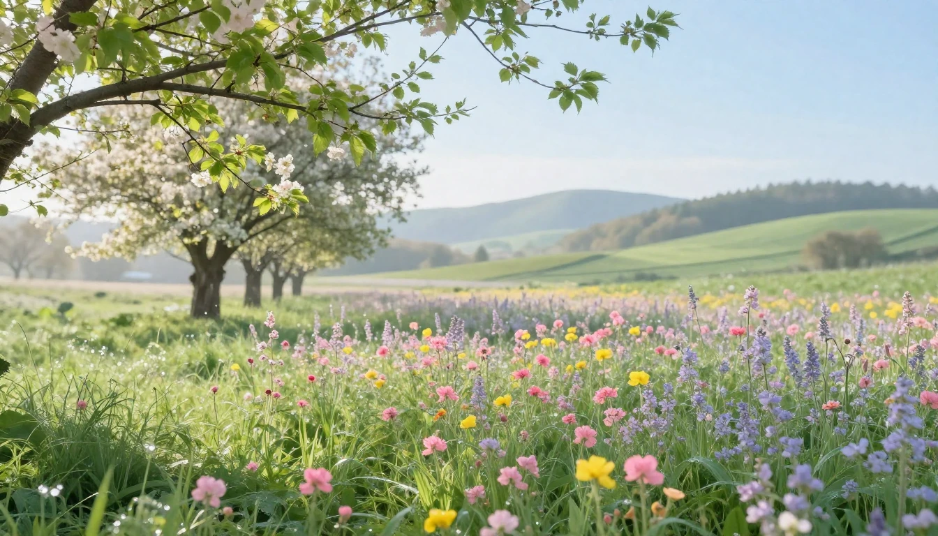 A lush meadow filled with blooming wildflowers in soft paste...
