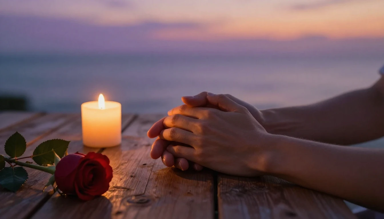 A romantic, intimate close-up scene of two hands gently hold...