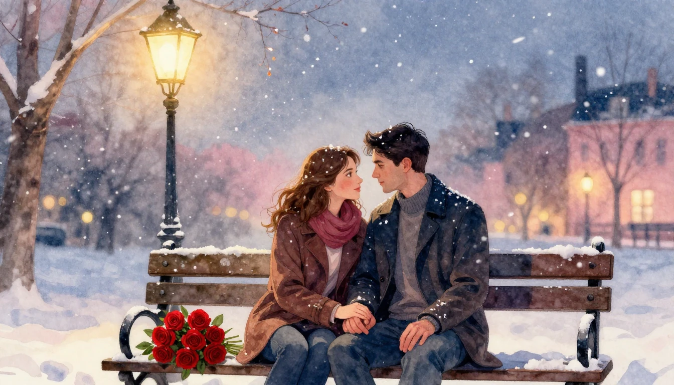 A romantic watercolor painting of a loving couple sitting on...