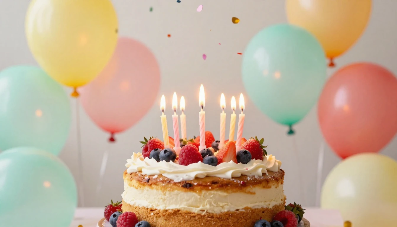 A whimsical and joyful birthday composition focusing on cele...