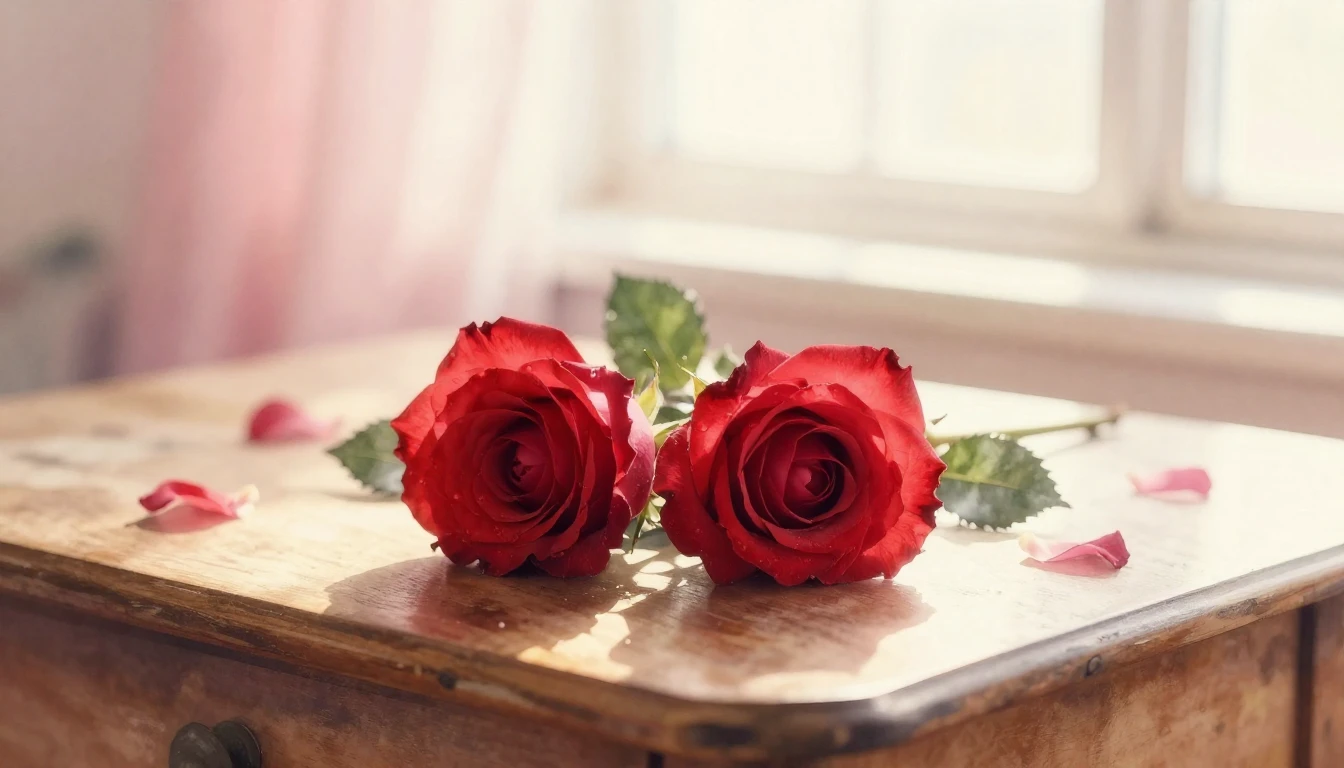 A delicate watercolor painting of two intertwined red roses ...